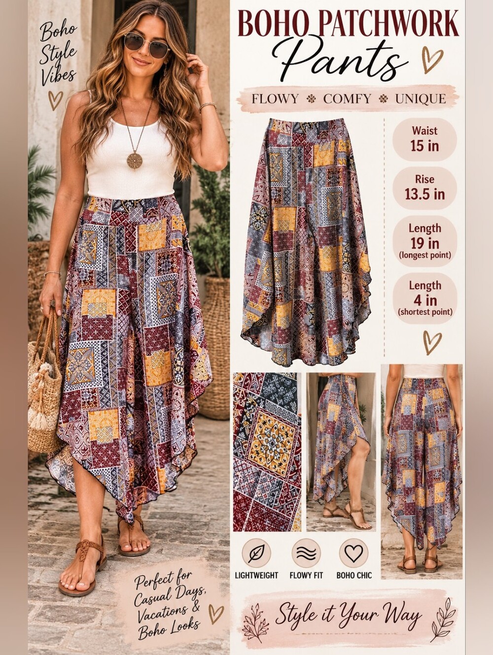 Boho Patchwork Handkerchief Hem Pants